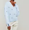 Brodie Cashmere Palm Embroidered Cashmere V-neck In Blue Mist