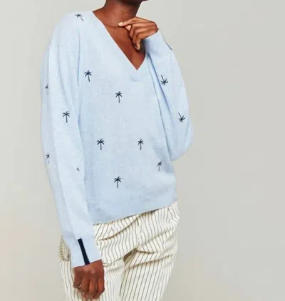 Brodie Cashmere Palm Embroidered Cashmere V-neck In Blue Mist