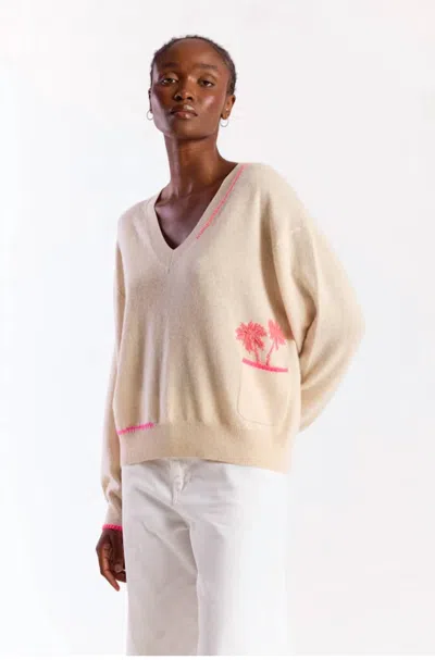 Brodie Cashmere Palm Pocket V-neck Lace Sweater In Natural In Neutral