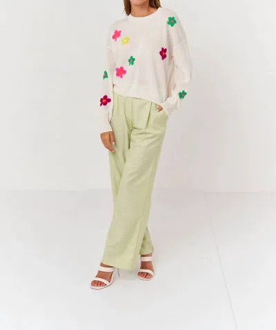 Brodie Cashmere Polly Floral Crew Sweater In Ivory In White