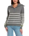 Brodie Cashmere Sabrina Stripe Zip Cashmere Polo Top In Gray
