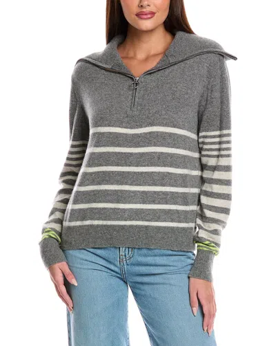 Brodie Cashmere Sabrina Stripe Zip Cashmere Polo Top In Gray