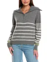 Brodie Cashmere Sabrina Stripe Zip Cashmere Polo Top In Gray