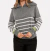 Brodie Cashmere Sabrina Stripe Zip Polo In Mid Grey/haze Neon Yellow In Gray