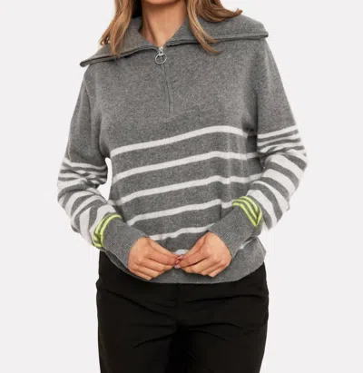 Brodie Cashmere Sabrina Stripe Zip Polo In Mid Grey/haze Neon Yellow In Gray