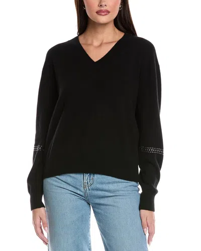 Brodie Cashmere Sage Studded Cashmere V-neck Sweater In Black