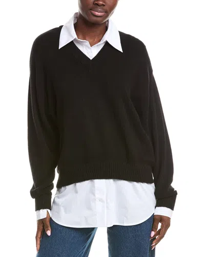 Brodie Cashmere Shirting V-neck Cashmere Sweater In Black