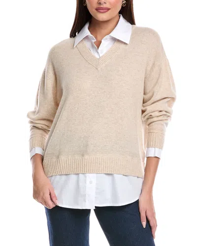 Brodie Cashmere Shirting V-neck Cashmere Sweater In Neutral