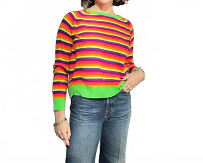 Brodie Cashmere Smiley Crew Rainbow Cashmere Stripe Sweater In Neon Green In Multi