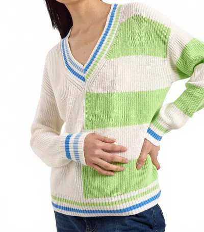 Brodie Cashmere Valerie Stripe V-neck Sweater In Ivory/green In Multi