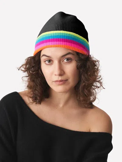 Brodie Cashmere Women's Stripe Beanie In Black With Neon Rainbow