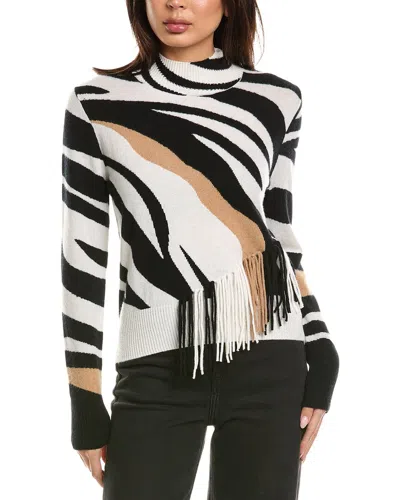 Brodie Cashmere Zebra Fringe Mock Neck Cashmere Sweater In White