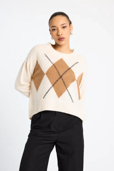 Brodie Pure Cashmere Argyle Relaxed Fit Long Sleeve Jumper In White