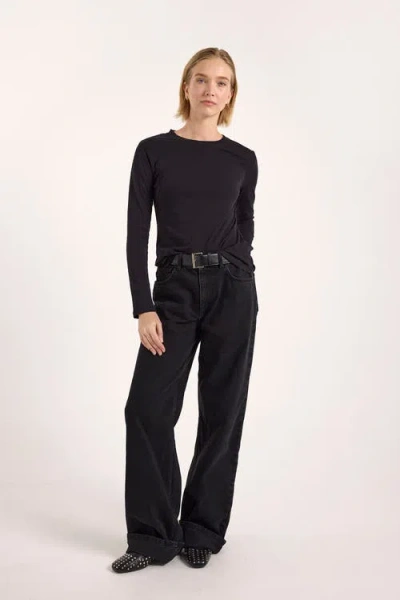 Brodie Pure Cashmere Long Sleeve Cotton Crew Neck T-shirt In Black