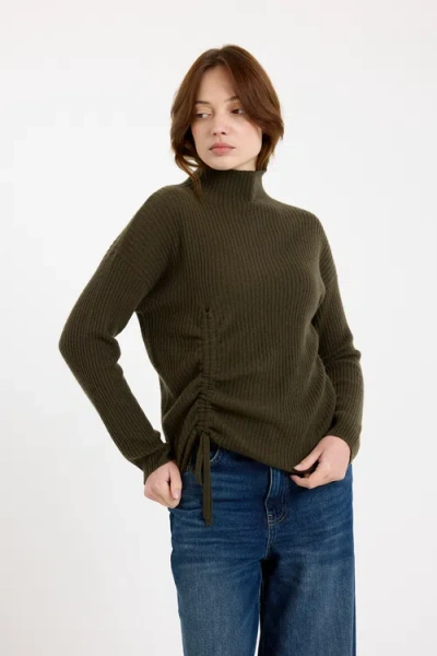 Brodie Pure Cashmere Rouched High Neck Long Sleeve Jumper In Green