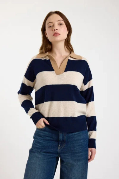 Brodie Pure Cashmere Ruby Rugby Long Sleeve Polo Jumper In Blue