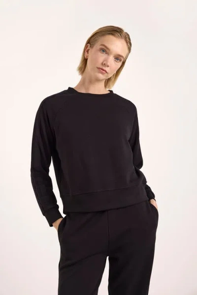 Brodie Pure Cashmere Stripe Sleeve Crew Neck Sweatshirt In Black