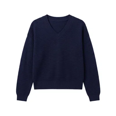 Brodie Women's Blue Rippled Stitch V Neck - Navy In Black