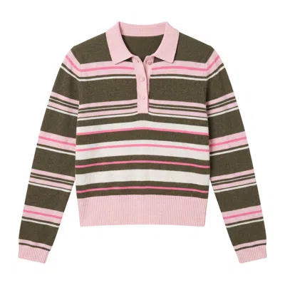 Brodie Women's Green Slim Fit Stripey Polo - Olive In Brown
