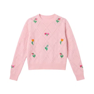 Brodie Women's Lightweight Floral Stitch Cashmere Crew - Pink