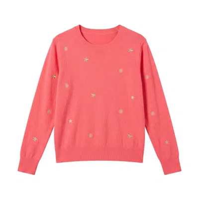 Brodie Women's Sea Embroidery Cashmere Crew Neck Jumper - Pink
