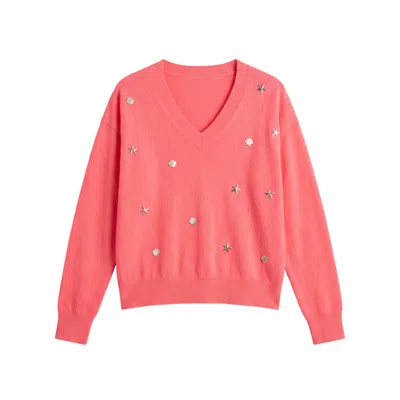 Brodie Women's Sea Embroidery Cashmere V Neck Jumper - Pink