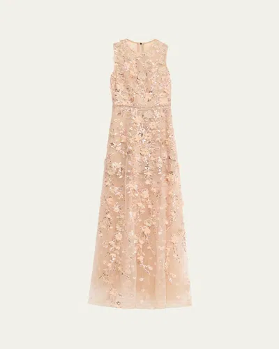 Bronx And Banco Arielle Floral Embroidered Sleeveless Gown In Neutral