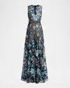 Bronx And Banco Arielle Sleeveless Sheer Floral Embroidered Gown In Multi