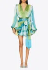 Bronx And Banco Bedouin Coastal Tiered Deep V-neck Mini Dress In Blue