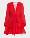 Bronx And Banco Bedouin Deep V-neck Ruffle Tiered Mini Dress In Red