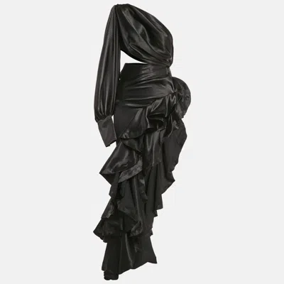 Pre-owned Bronx And Banco Black Satin Cut-out One Shoulder Ruffled Gown Xs