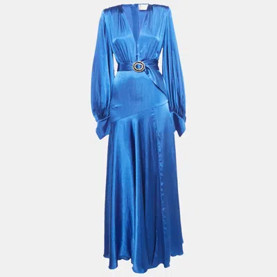 Pre-owned Bronx And Banco Blue Silk Blend Belted Maxi Dress Xs