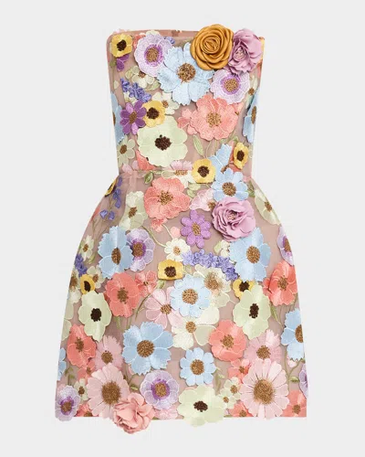 Bronx And Banco Bouquet Maraya Floral Applique Mini Dress In Beige