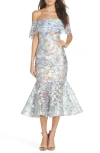 Bronx And Banco Butterfly Embroidered Off The Shoulder Mermaid Dress In Blue