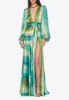 Bronx And Banco Carmen Coastal Deep V-neck Side Slit Gown In Blue