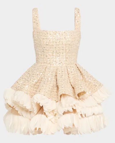 BRONX AND BANCO CATALINA BEADED FIT-&-FLARE RUFFLE MINI DRESS