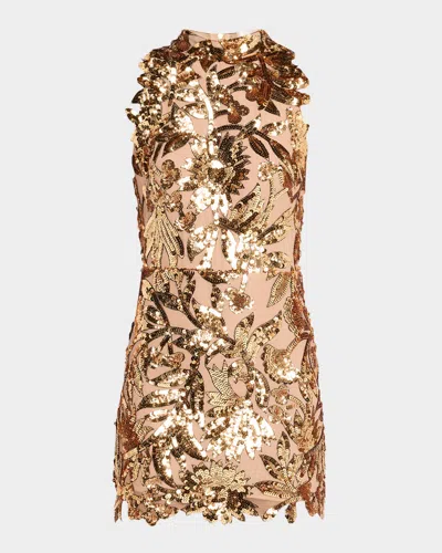 Bronx And Banco Dahlia Halter Sequin Floral Mini Dress In Gold Multi