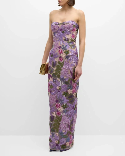 Bronx And Banco Dahlia Strapless Floral-embroidered Sequin Gown In Lilac Multi