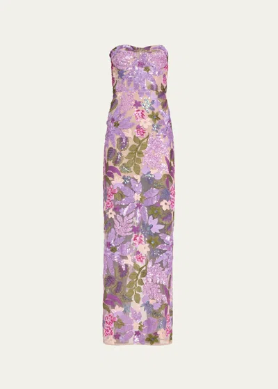 Bronx And Banco Dahlia Strapless Floral-embroidered Sequin Gown In Lilacmulti