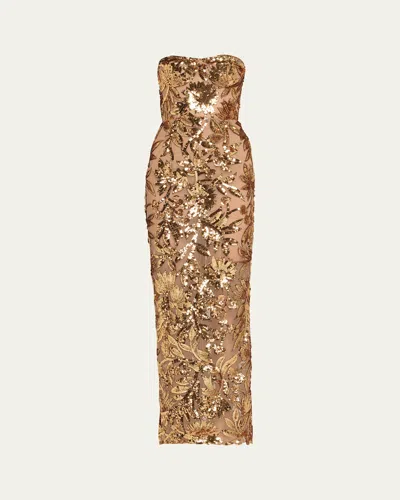 Bronx And Banco Dahlia Strapless Floral Sequin Column Gown In Gold Multi