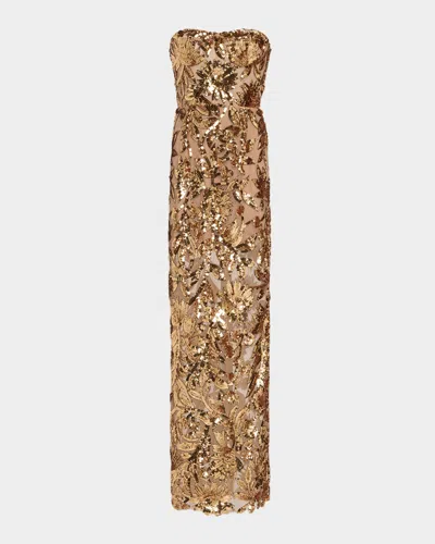 Bronx And Banco Dahlia Strapless Floral Sequin Column Gown In Gold Multi