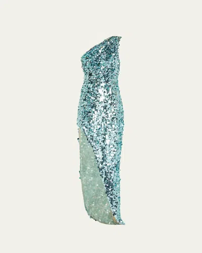Bronx And Banco Farah One-shoulder Sequin Gown In Blue
