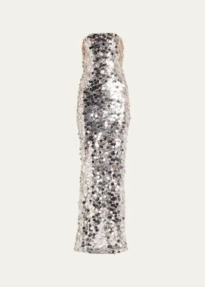 Bronx And Banco Farah Strapless Sequin Column Gown In Silver