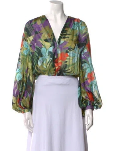 Pre-owned Bronx And Banco Floral Print V-neck Bodysuit In Green