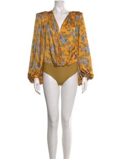 Pre-owned Bronx And Banco Floral Print V-neck Bodysuit In Yellow