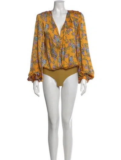 Pre-owned Bronx And Banco Floral Print V-neck Bodysuit In Yellow