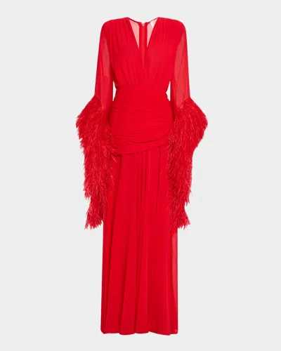 Bronx And Banco Geisha Deep V-neck Feather Gown In Red