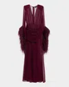 Bronx And Banco Geisha Feather-cuff Silk-blend Gown In Burgundy