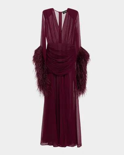 Bronx And Banco Geisha Feather-cuff Silk-blend Gown In Burgundy