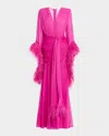 Bronx And Banco Geisha Feather-trim Chiffon Gown In Pink